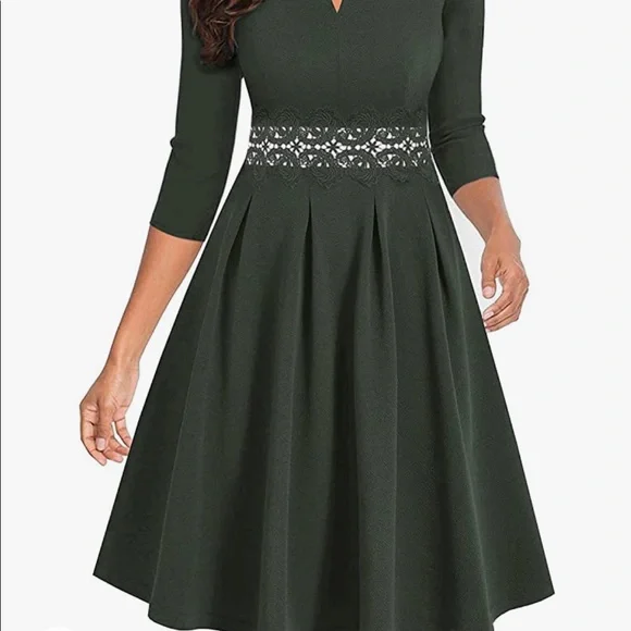 NWT Owin Army Green Floral 3/4 Sleeve Dress Size Large - Picture 1 of 10